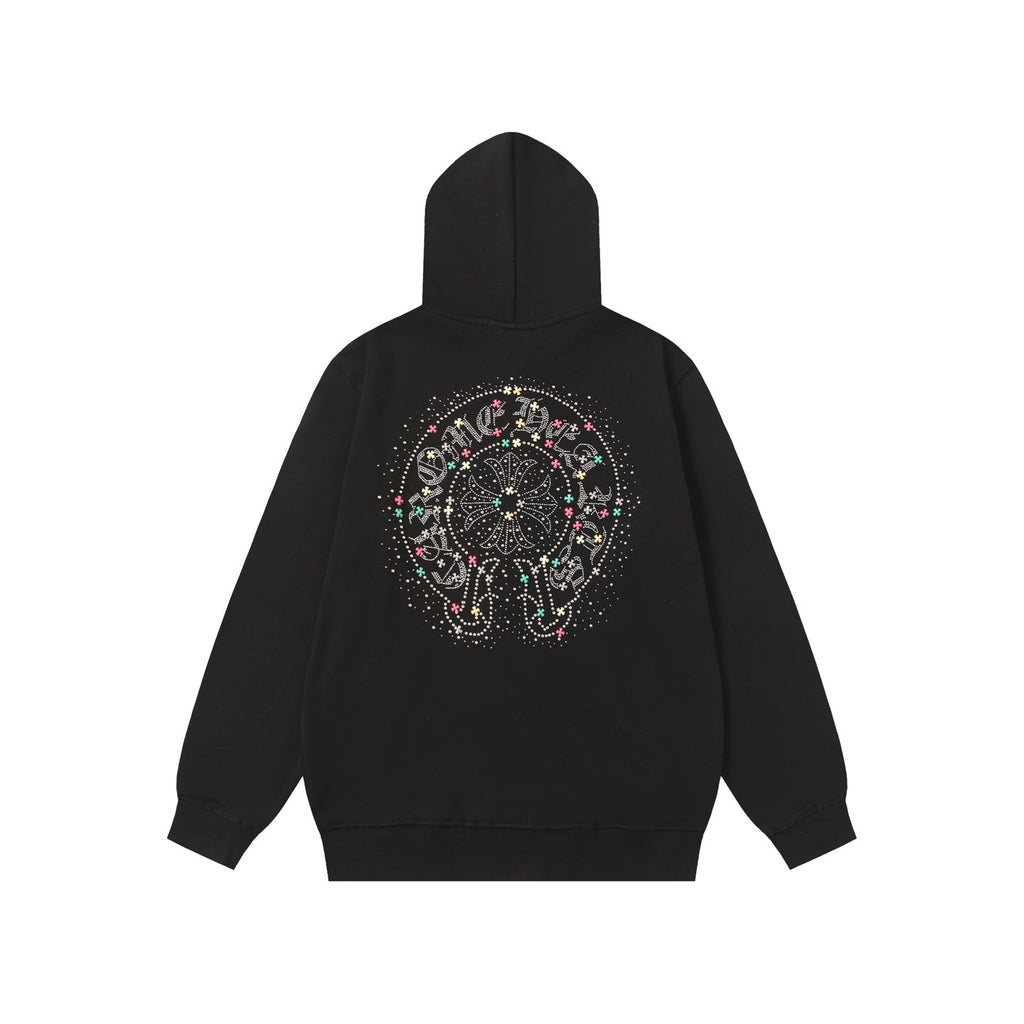 Colorful Rhinestone Hoodie - Black Gothic Street Sweatshirt 2608