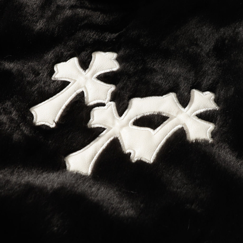 Faux Fur Cross Varsity Jacket - Black White Gothic Streetwear 035