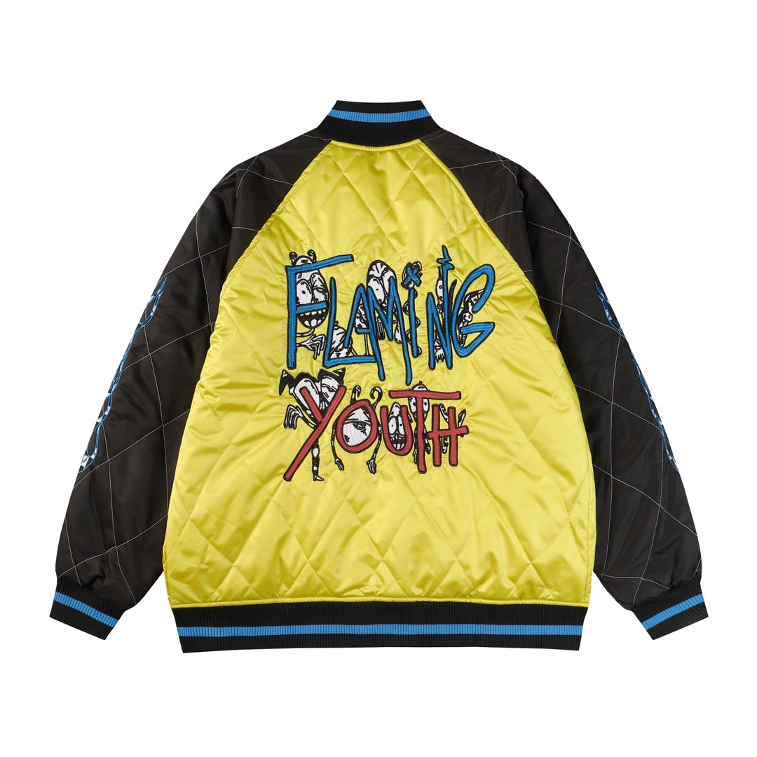 Flaming Youth Bomber Jacket - Yellow Black Graphic Street Coat D10
